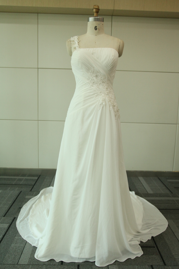Ethereal One Shoulder Appliqued Empire Chiffon Beach Wedding Dress JSWD0251