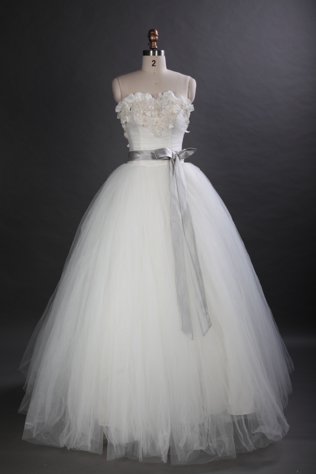 Floor length ball gown wedding dress with grey sash