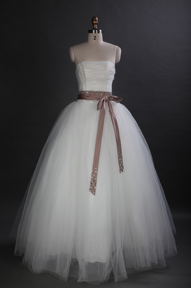 simple ball strapless wedding dress with chocolate colored sash