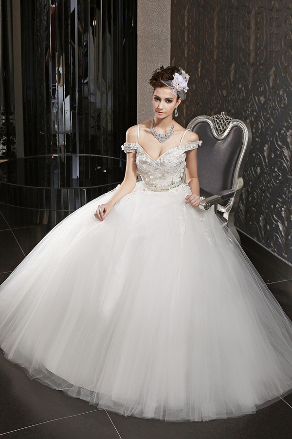 Unique Off Shoulder Princess Ball Gown Tulle Wedding Dress with Appliques JSWD0004-4